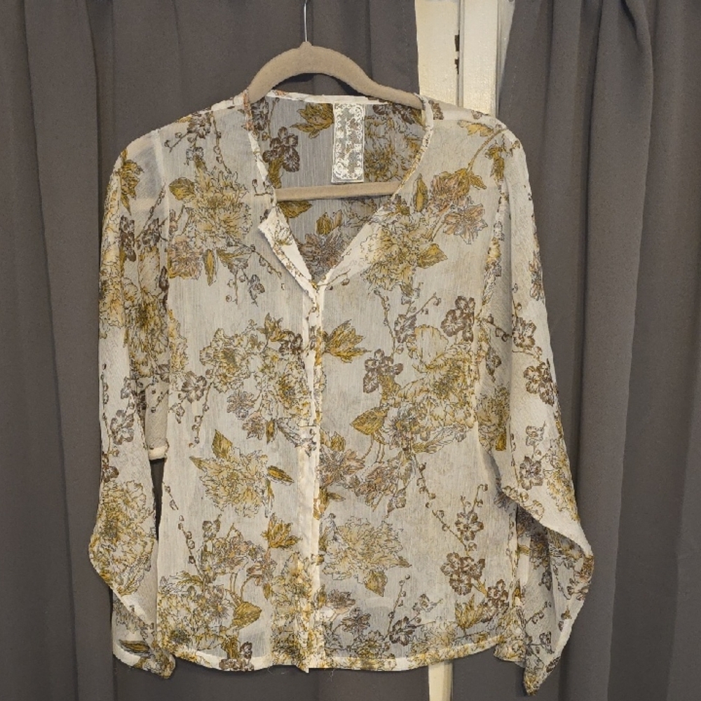Sadie & Sage Women's Floral Print Women's Blouse Shirt Sheer Brown Gold Sz.L EUC